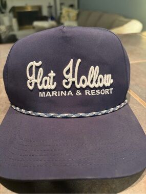 Legacy Flat Hollow Norris Lake Navy Hat with White Script Logo and Rope Trim